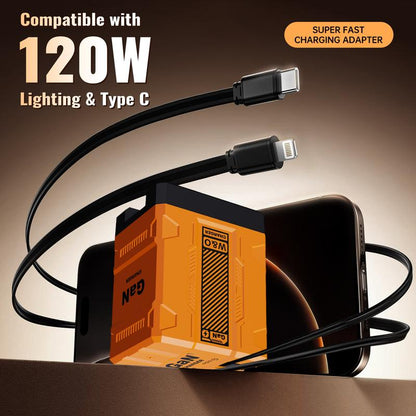 W&O 2pcs 4-in-1 Fast Charging Adapter Compatible with 120W | GaN Technology, Foldable Design, Type-C & Lightning Cables for iPhone, iPad, MacBook