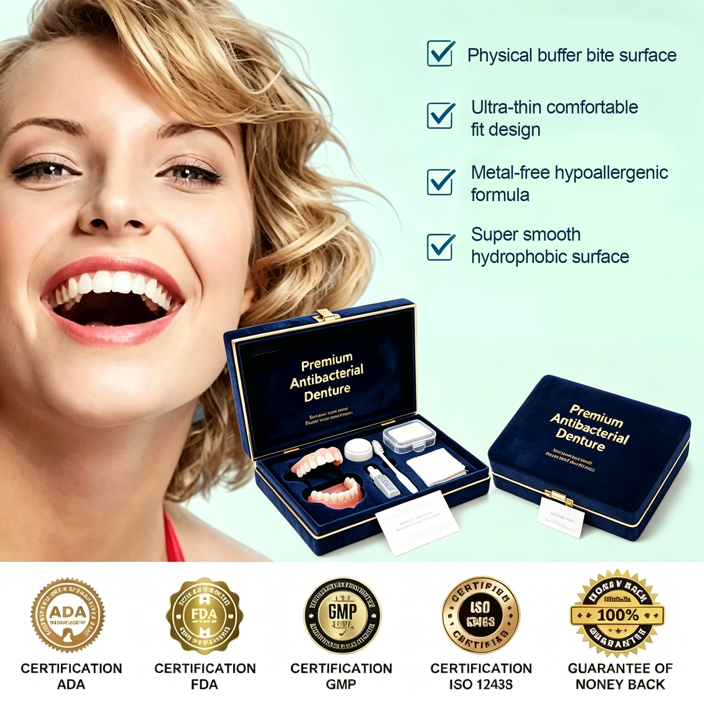 Advanced antibacterial dentures – naturally inhibit harmful bacteria and relieve oral discomfort.