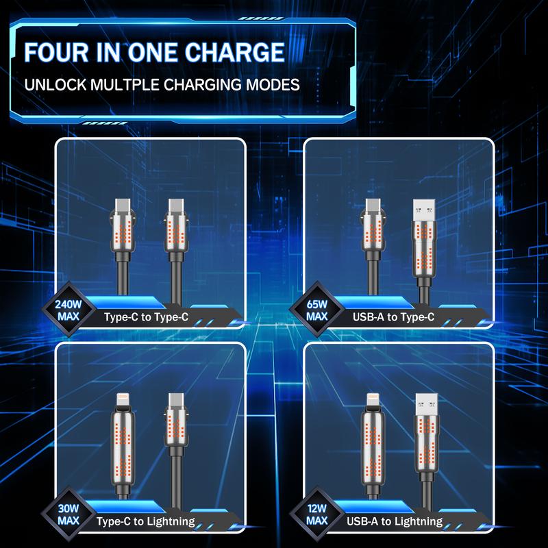 240W 4-in-1 USB-C Cable, PD 5A Fast Charging, Data Sync, USB-A, Type-C, Lightning,  Aluminum, Compatible with iPhone 16/15, iPad, Samsung, Laptops