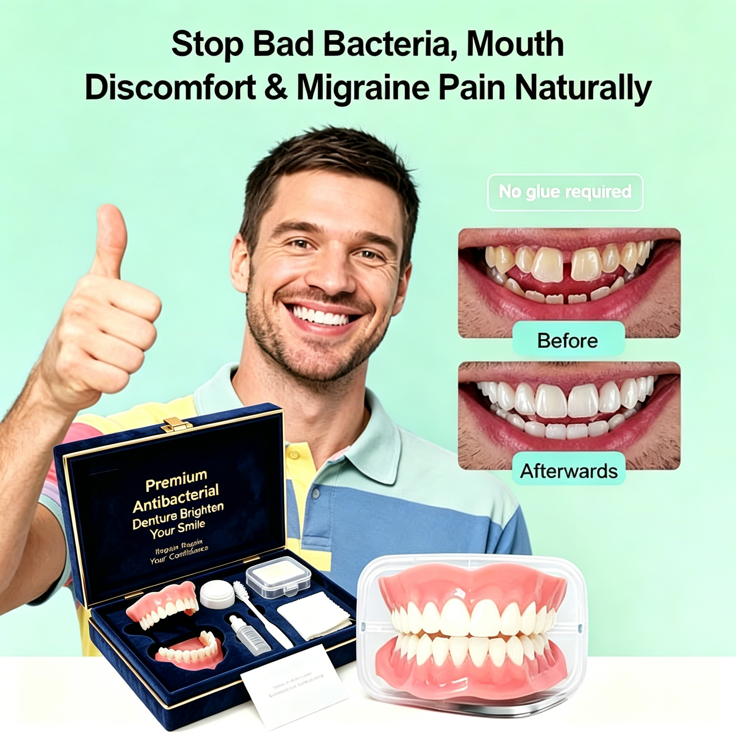 Advanced antibacterial dentures – naturally inhibit harmful bacteria and relieve oral discomfort.